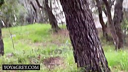 Lusty girl, Yoya is wearing a mask while sucking a rock hard cock in a local park