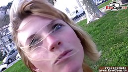 Slutty blonde mommy is sucking dick and getting fucked from the back, in front of the camera