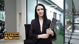 Charming brunette is giving footjobs to her business partners, because she likes to please everyone