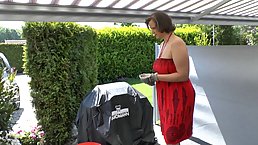Chubby mature with big boobs is giving a handjob to a gardener, to make him cum