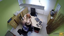 Red haired woman with big boobs and deep throat would do anything to get the loan