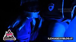 Blindfolded, Italian lady is kneeling on the floor while sucking her lover's dick, like a pro