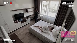 Horny maintenance guy decided to fuck a sleeping girl, but she woke up, before he came