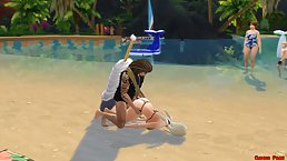 Hentai babe is having steamy sex on the beach, with a group of horny guys