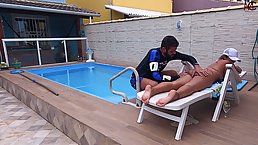 Big ass woman is having sex with a handsome pool guy and enjoying it a lot