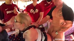 Busty blonde woman is getting gangbanged in the train, instead of just doing her job