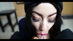 Hot brunette is sucking a big, hard dick as deep as she can and getting fucked good