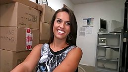 Flexible brunette with a nice ass is sucking dick and getting fucked hard, while at work