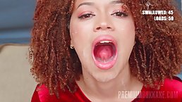 Ebony babe with curly hair, Katrina is getting multiple facial cumshots and enjoying it a lot