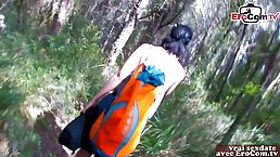 Insatiable French brunette is eagerly sucking a rock hard cock and having a threesome in the nature