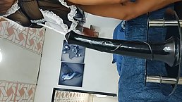 Tattooed brunette is masturbating with big sex toys and enjoying every single second of it