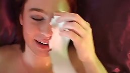 Lovely redhead got cum all over her face after giving a sensual blowjob to a friend