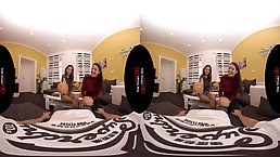 Two dirty minded brunettes are about to get naked and please a man, in VR