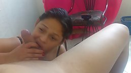 Amateur brunette is eagerly sucking a stiff dick and moaning while getting it inside her pussy