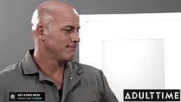 Big titted blonde is having hardcore sex with a handsome janitor while no one is watching them