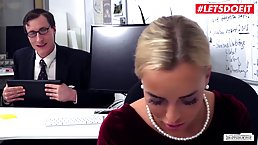 German office lady with blonde hair knows how to satisfy her boss while at work