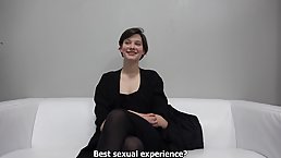 Short haired brunette is about to make her first porn video and earn some cash