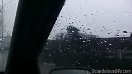 Hot teen brunette is masturbating in the car and moaning from pleasure while experiencing an orgasm