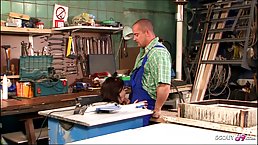 Chubby German babe is about to get fucked harder than ever before, in a local workshop