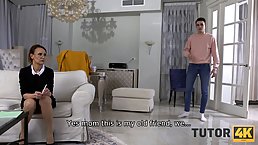 Mature brunette is sucking a younger guy's dick and getting fucked hard, on the couch