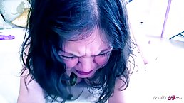 Chubby mature is moaning while getting fucked with a strap- on, because she is about to cum