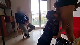 Italian lady is kneeling in front of her horny lover and gently sucking his cock