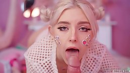 Blue- eyed girl with big tits, Eva Elfie likes to suck dick and eat fresh cum