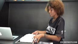 Ebony babe is sucking a rock hard cock as deep as she can swallow it