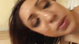 young bitch with cumshot on face after gangbang sex