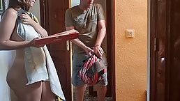 Handsome delivery guy is fucking a hot, Latin babe from the back and getting his dick sucked