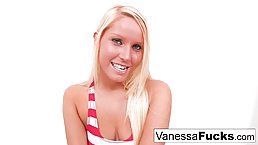 Sweet blonde, Vanessa is using a glass dildo while masturbating, because it always makes her cum