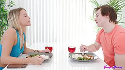Charming blonde lady seduced a guy from the neighborhood and asked him to fuck her brains out