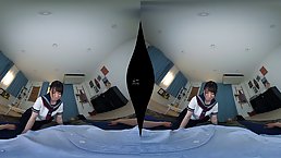 Japanese schoolgirl is eagerly sucking a rock hard dick and eating cum, in a POV style