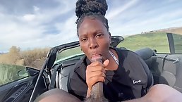 Chubby Ebony woman is sucking a rock hard cock in the nature and getting fucked from behind