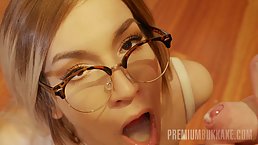 Slim blonde babe, Megan Nicole was posing in a sexy dress before she started eating fresh cum