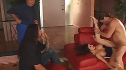 Mrs. Angelino is getting fucked in front of her husband and his friend and enjoying it