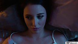 Stunning girl is wearing nothing but fishnet stockings while riding a rock hard dick on the couch