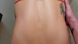 Amateur brunette is giving a deep blowjob to a horny guy, in the toilet, just for fun