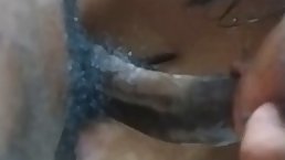 Large black chick with gigantic bazongas sucks a black dick and balls and plays with the head