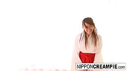 Japanese teen is wearing a kimono while getting ready to have sex with many men