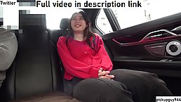 Cock loving, Japanese brunette is pleasing a random horny guy in the back of a car