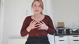 Chubby British redhead with big boobs is playing with her shoes with high heels during JOI