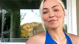 Naughty blonde is playing with her big boobs while no one is watching her in action