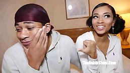 Racy black babe is sucking a rock hard dick all night long and getting fucked hard