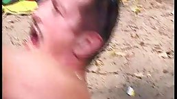 Mature brunette is sucking a random guy's dick and getting fucked in a public place