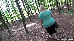 Chubby blonde with a massive ass is sucking dick and getting fucked in the nature
