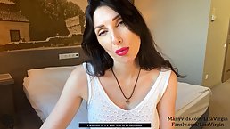 Ravishing brunette is sucking a rock hard dick in a hotel room and enjoying it a lot