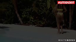 Latin brunette with big boobs is about to get fucked next to the swimming pool