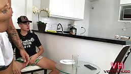 Brunette maid is sucking her employer's dick after serving his breakfast with no clothes on
