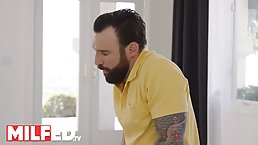 Great looking brunette is fucking her married clients after giving him a deep blowjob on the couch